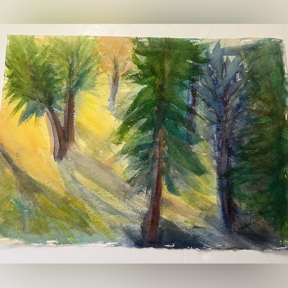 Original Watercolor Painting Serene Forest Signed By The Artist Green Yellow - Picture 1 of 7